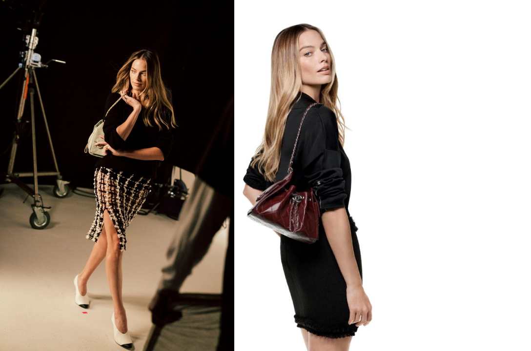 Montagem de fotos da campanha da bolsa chanel estrelada por margot robbie em 2026.