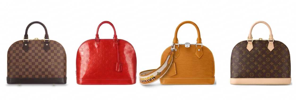 Foto de diferentes versões da bolsa louis vuitton alma em couro, canvas e vernis.
