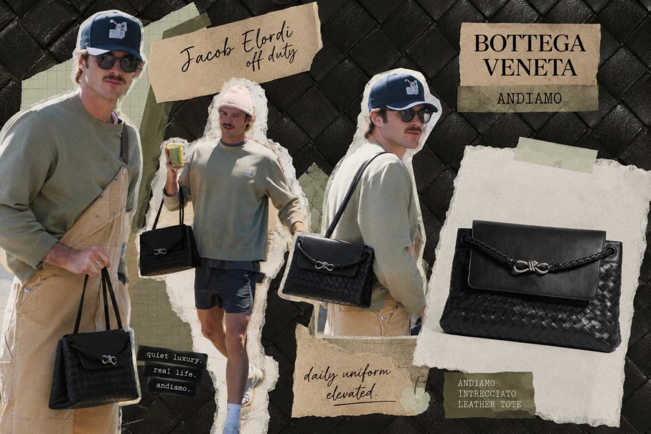 Montagem de fotos do ator Jacob Elordi com suas bolsas de luxo da bottega veneta.