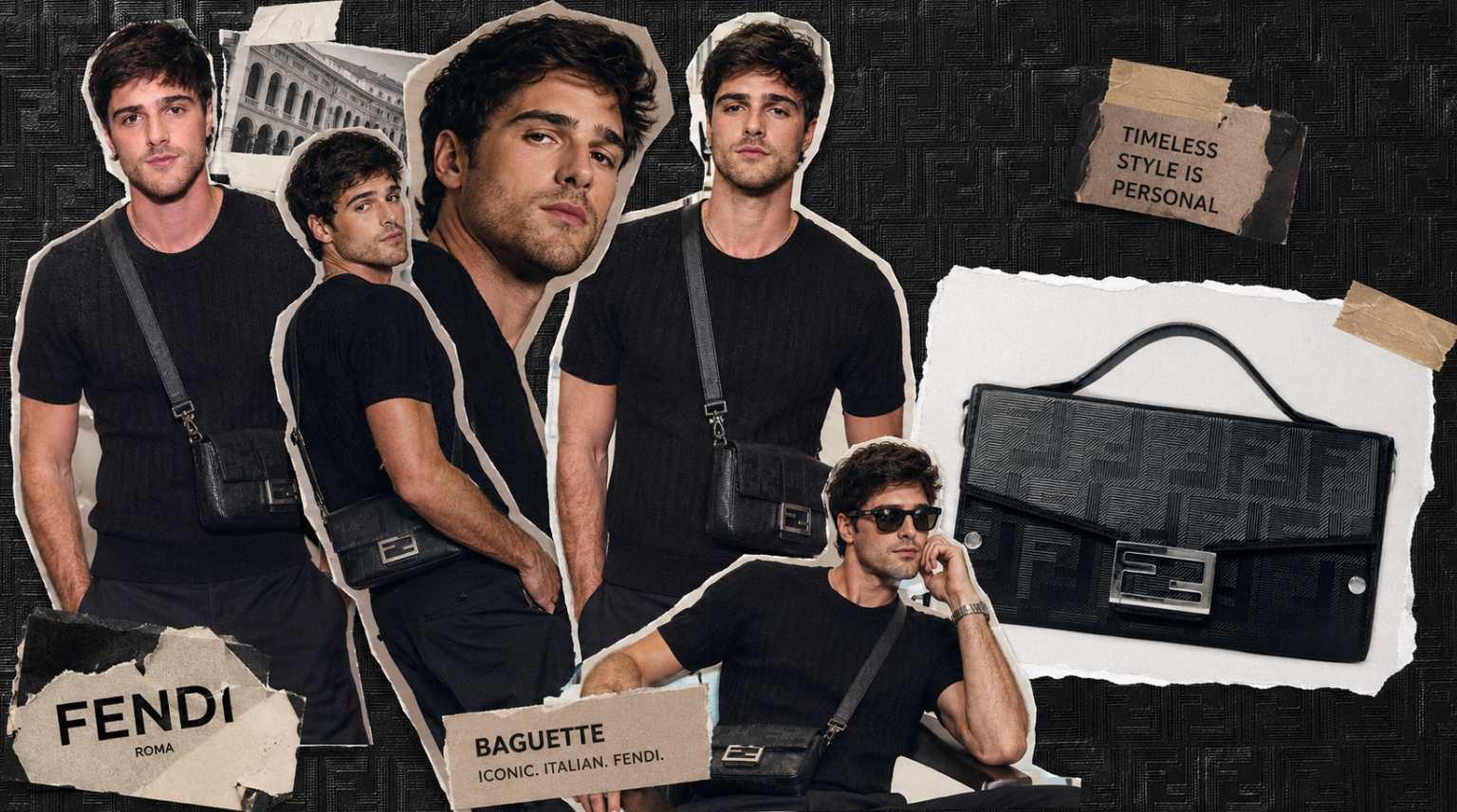 Montagem de fotos de Jacob Elordi de euphoria usando bolsa fendi baguette masculina.