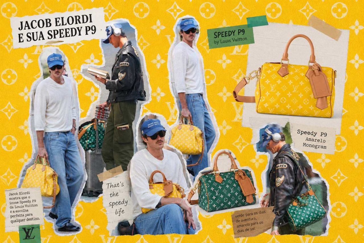 Montagem de fotos de Jacob Elordi com bolsas da louis vuitton.