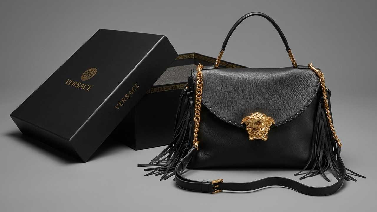 Foto da Bolsa Tote Versace La Medusa original em couro preto com símbolo Medusa dourado e alça de corrente.