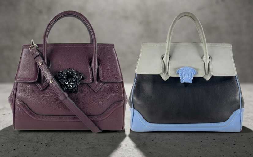 Foto de um modelo clássico da bolsa Versace Palazzo Empire preta  e vinho com alças estruturadas.