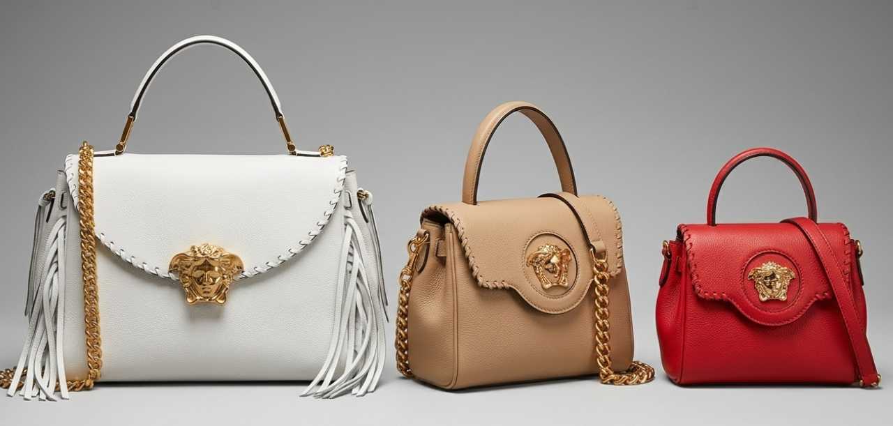 Foto dos Detalhes da bolsa Versace La Medusa com franjas laterais e ferragem dourada da Medusa.