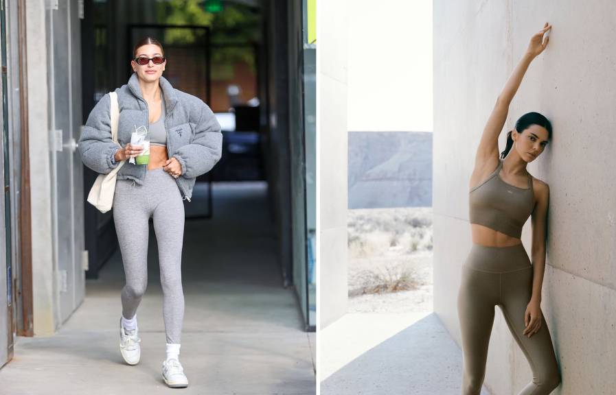 Montagem de fotos de celebridades e famosas que usam Alo Yoga: Hailey Bieber e Kendall Jenner.