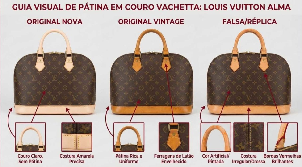 Fotos ilustrativas do escurecimento do couro vachetta da louis vuitton.