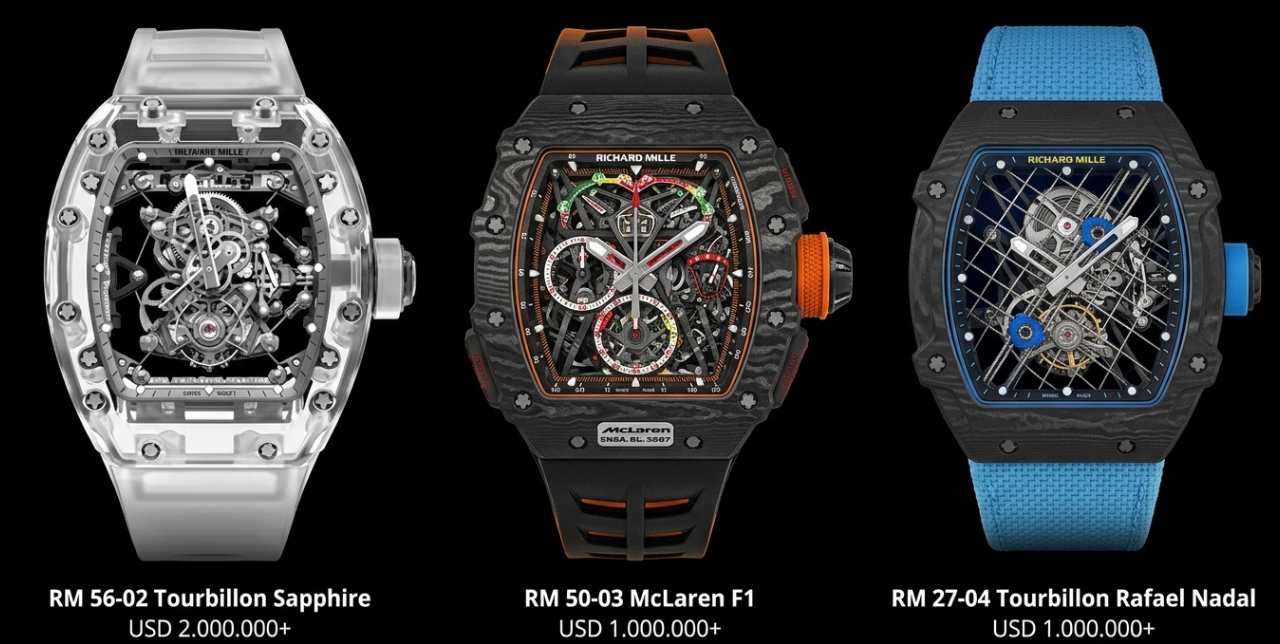 Imagem com comparativo de preços dos modelos de relógios Richard Mille: RM 56, RM 50-03 e RN 27-04.