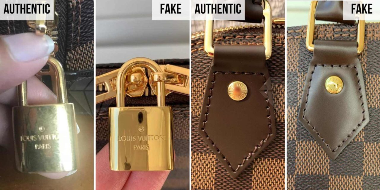 Fotos das ferragens e cadeado da bolsa LV Alma.