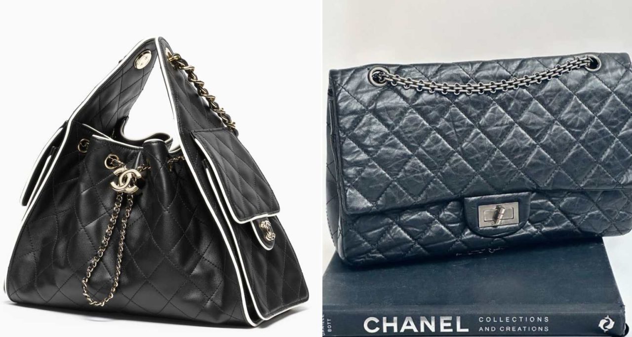 Montagem de fotos com as diferenças da bolsa chanel 25 X chanel 2.55.