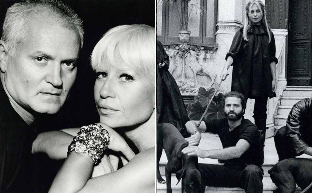 Foto de Donatella Versace jovem ao lado do irmão Gianni Versace, fundador da grife italiana de luxo
