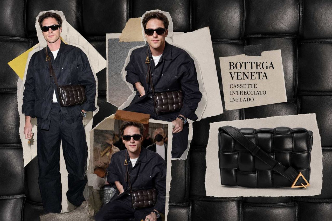 Montagem de fotos do estilo do ator Jacob Elordi usando bolsas da marca de luxo bottega veneta.