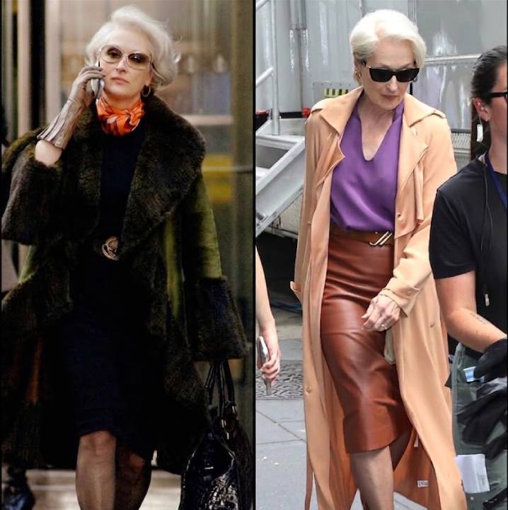 The Devil Wears Prada: comparação do figurino de Miranda Priestly entre 2006 e 2026, destacando a evolução do estilo sofisticado da personagem interpretada por Meryl Streep.
