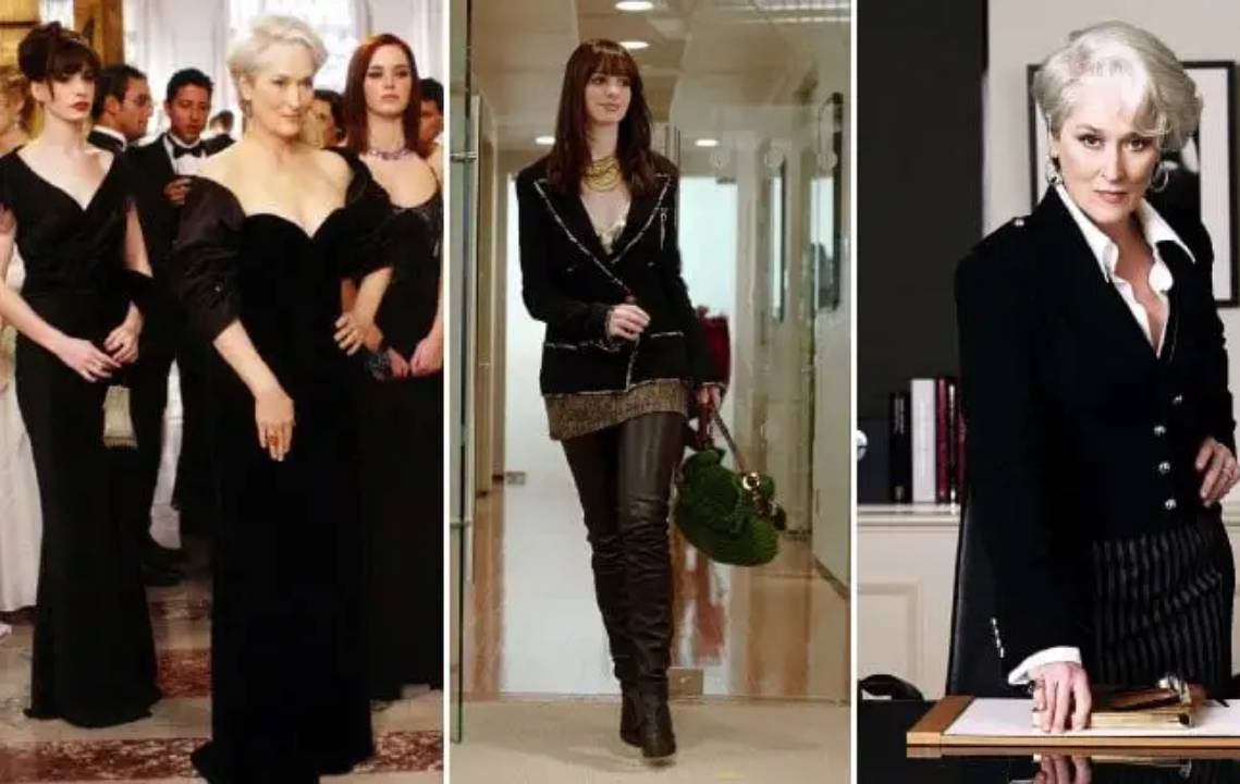 Montagem de fotos de cenas do filme o diabo veste prada mostrando o figurino de marcass de luxo.