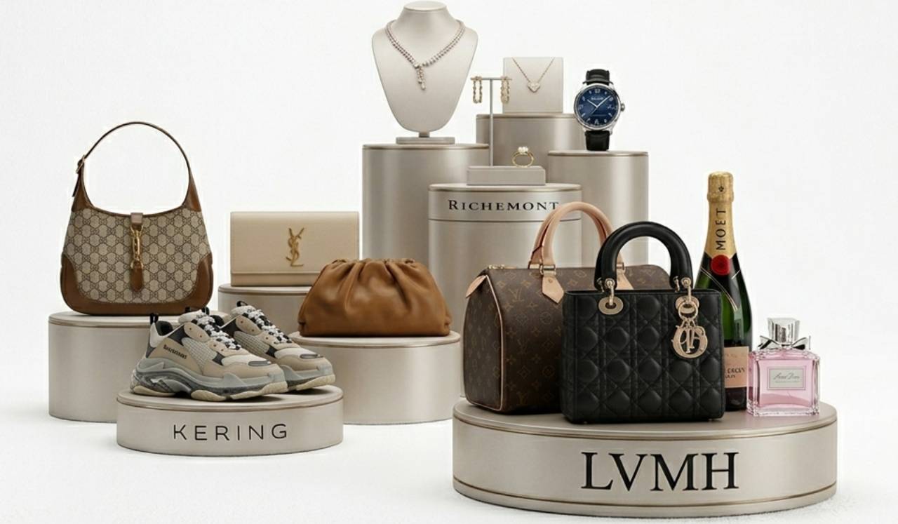 Ilustração da grife mais cara do mundo por valor de marca, separados pelos grupos donos das marcas de luxo, LVMH, Kering e Richemont.