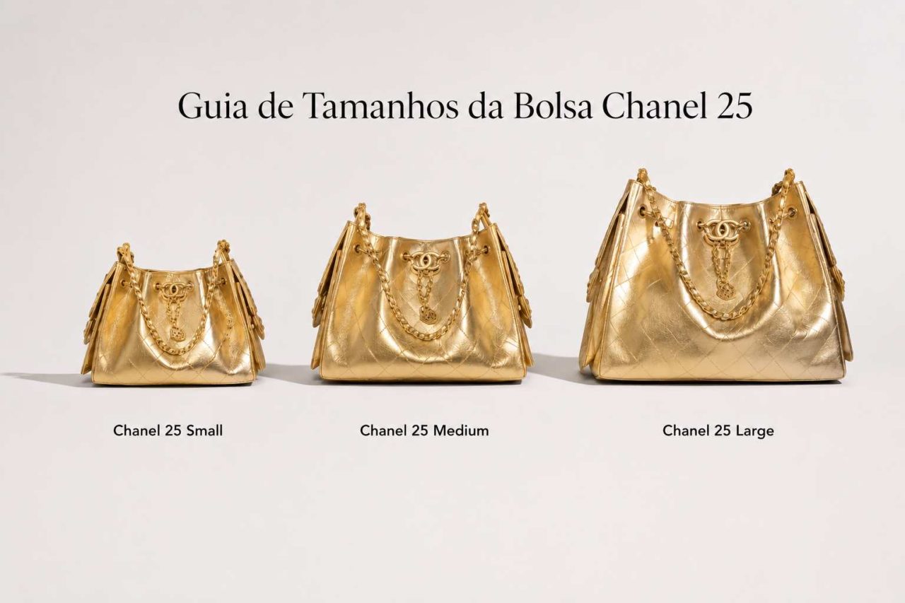 Foto do guia de tamanhos da bolsa Chanel 25.