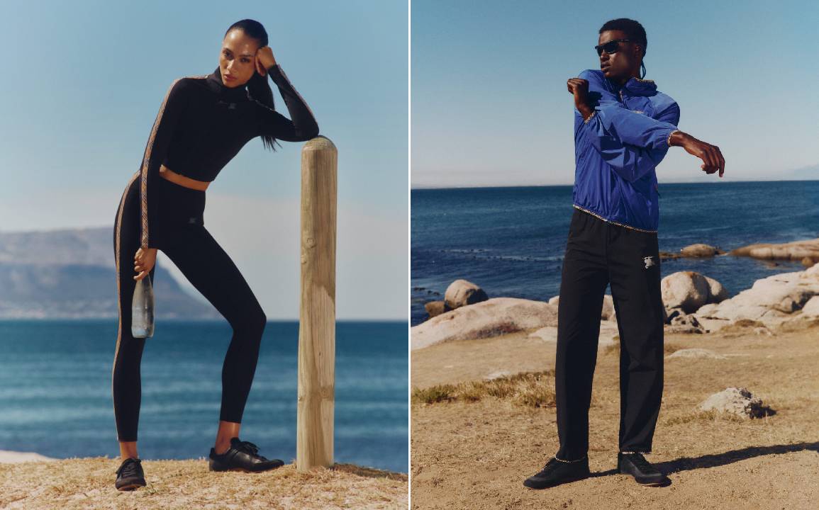 Montagem de roupas de ginástica e academia da marca de luxo Burberry.