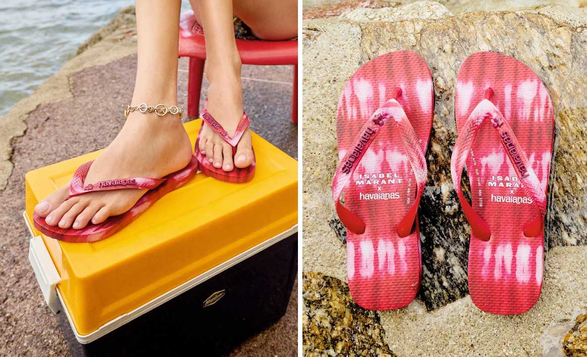 Foto do O modelo original das Havaianas reinterpretado com a estampa tie-dye ikat — uma das assinaturas visuais mais reconhecíveis do universo Isabel Marant.