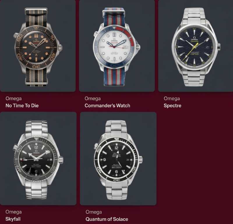 Ilustração com os relógios Omega Seamaster usados por James Bond nos filmes da franquia 007.
