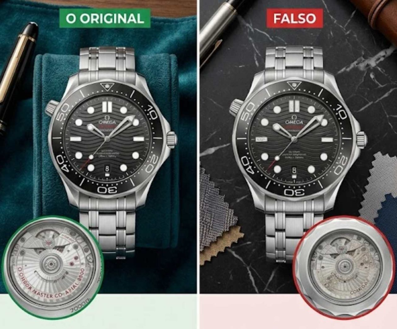 Ilustração de como identificar diferença entre um seamaster original de cópia.