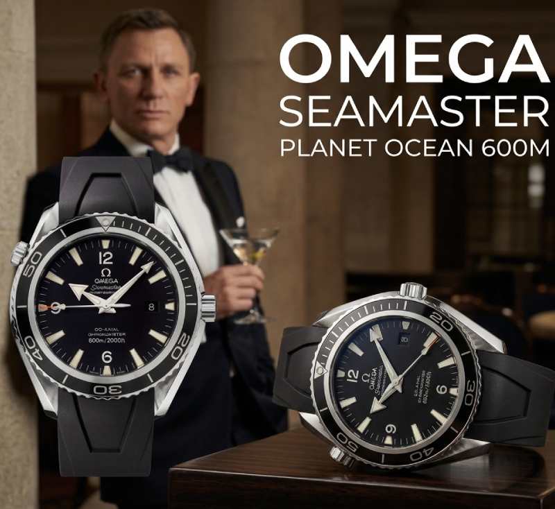 Foto de Daniel Craig com o relógio Omega Seamaster Planet Ocean 600M usado nos filmes da franquia 007.