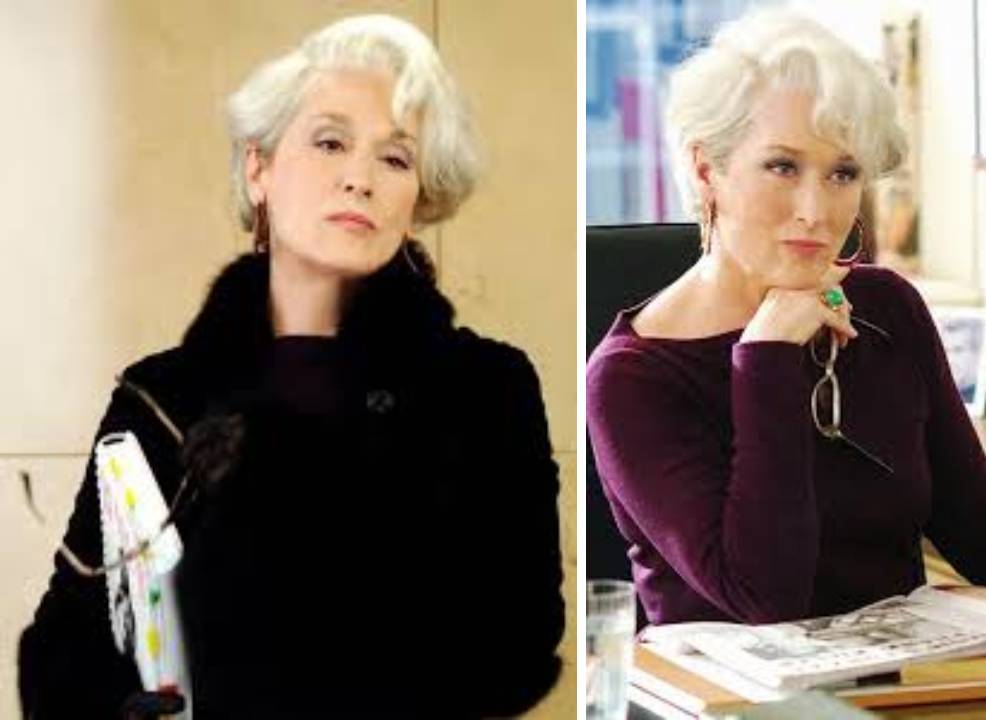 Montagem de fotos de Miranda Priestly no primeiro filme O Diabo Veste Prada.