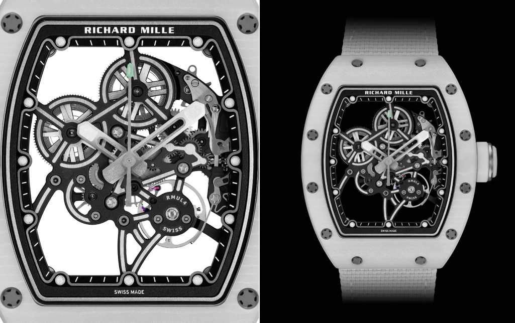 Foto do relógio richard mille O RM 55-01: alto nível de detalhes técnicos e estrutura vazada (esqueletizada).