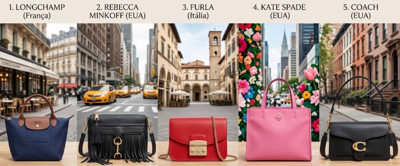 Ilustração das 5 marcas internacionais de bolsas de luxo acessíveis.