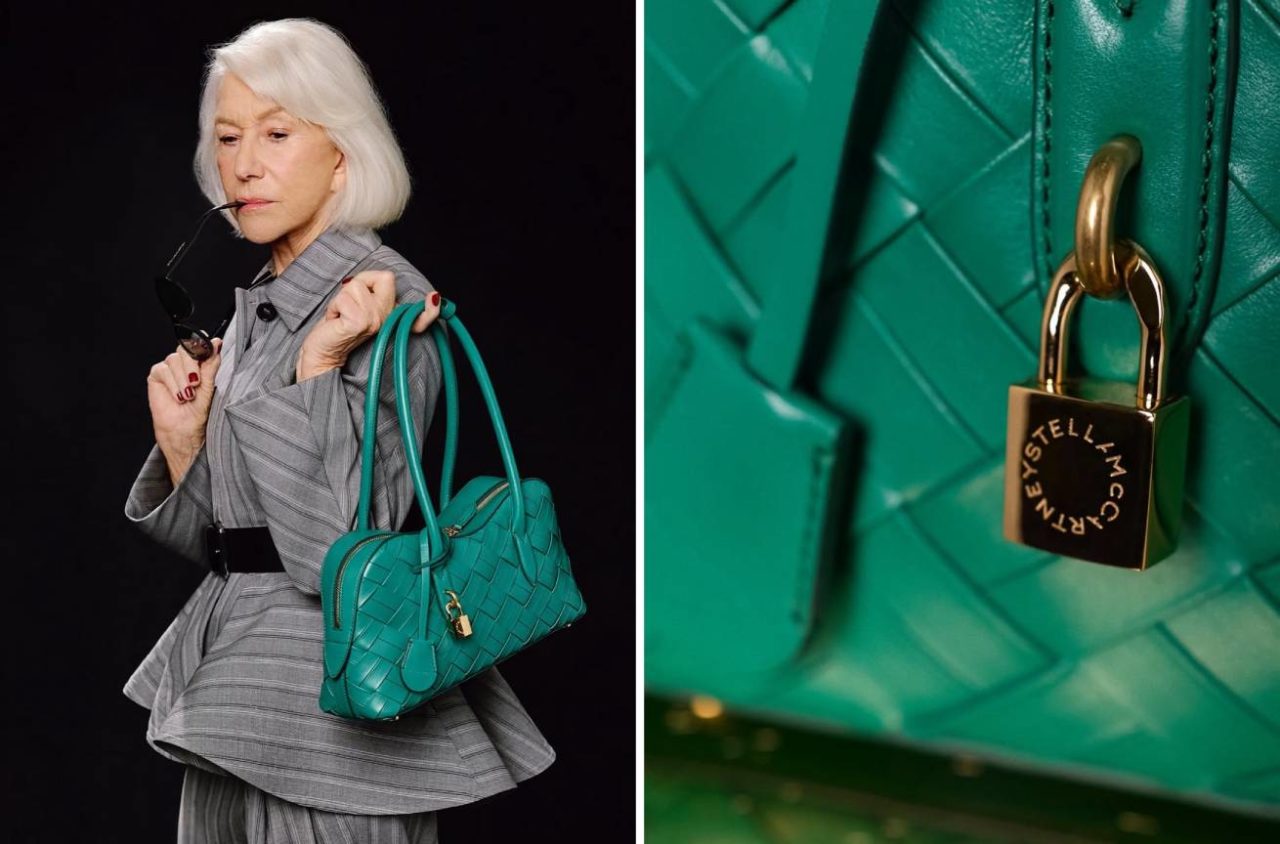 Montagem de fotos da nova bolsa de luxo vegana da Stella McCartney, a Ryder Bag, e da campanha estrelada pela atriz Helen Mirren.