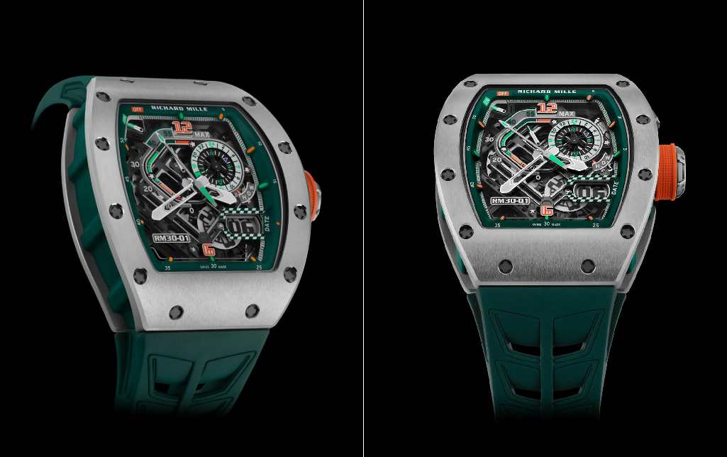 Foto do RM 30-01, limitado a 150 peças, com dois bezels de titânio, uma caixa em Quartz TPT® verde, detalhes internos em verde e laranja e uma pulseira de borracha verde inspirada em corridas.
