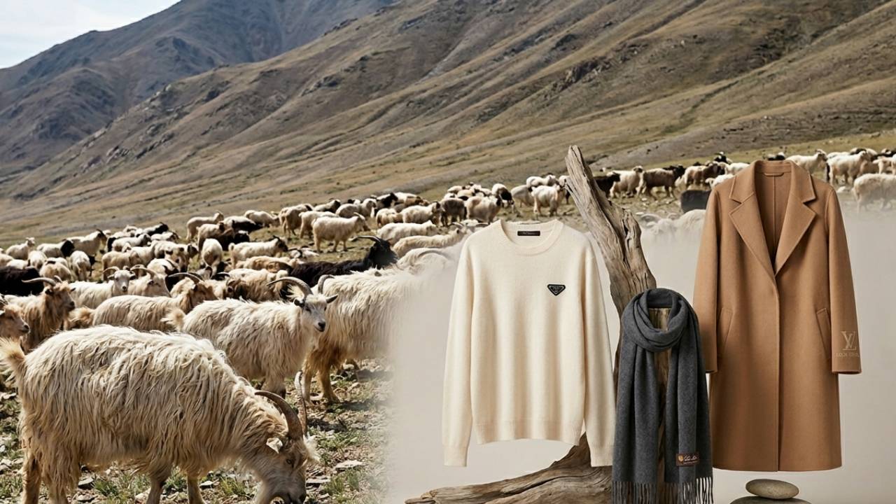 Ilustração da cabra hircus que é extraído a fibra de cashmere ao lado de peças de luxo de marcas famosas como Prada e Louis Vuitton.