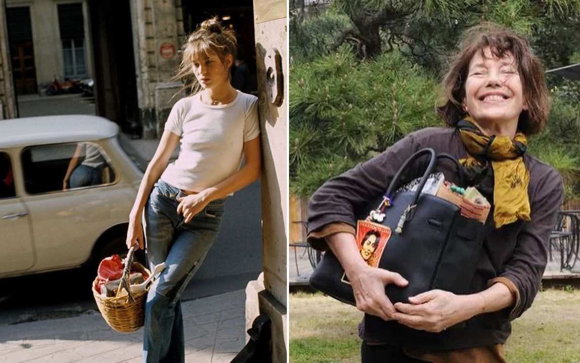 Jane Birkin ainda jovem sorrindo em evento de moda, segurando bolsa de palha nos anos 1980 ao lado de foto de Jane Birkin mais velha segurando uma bolsa birkin hermes.