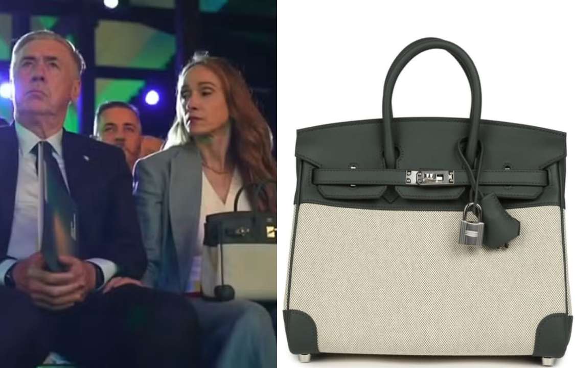 Mariann Ancelotti, esposa de Carlo Ancelotti, durante a convocação da Seleção Brasileira para a Copa do Mundo 2026, usando bolsa Hermès Birkin Toile 25 avaliada em cerca de R$ 165 mil.