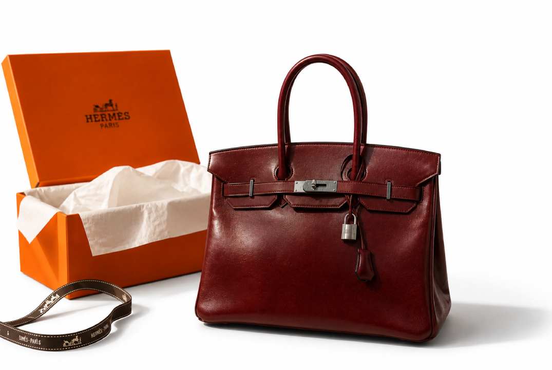 Bolsa Hermès Birkin 35 Rouge H em couro Box Calf bordô escuro, com ferragens prateadas, fotografada em fundo branco com iluminação de estúdio.