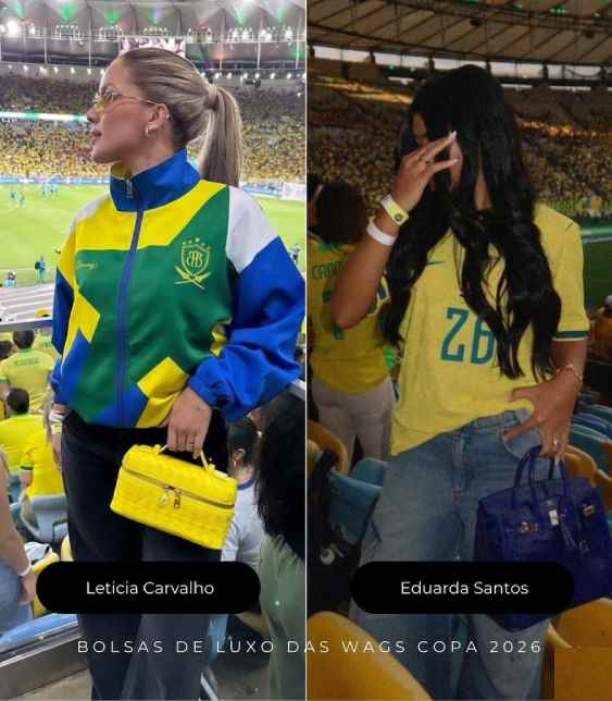 Leticia Carvalho e Eduarda Santos, esposas dos jogadores Igor Thiago e Rayan, exibem bolsas de luxo Bottega Veneta e Hermès Birkin azuis em look para a Copa 2026.