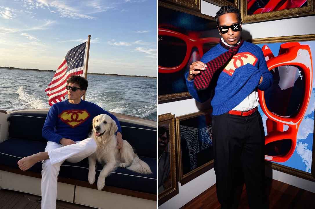 Homens vestindo o suéter Superman da Chanel, entre eles A$AP Rocky, durante aparições públicas, destacando o icônico tricô de cashmere da coleção Chanel e sua relevância na moda masculina de luxo.