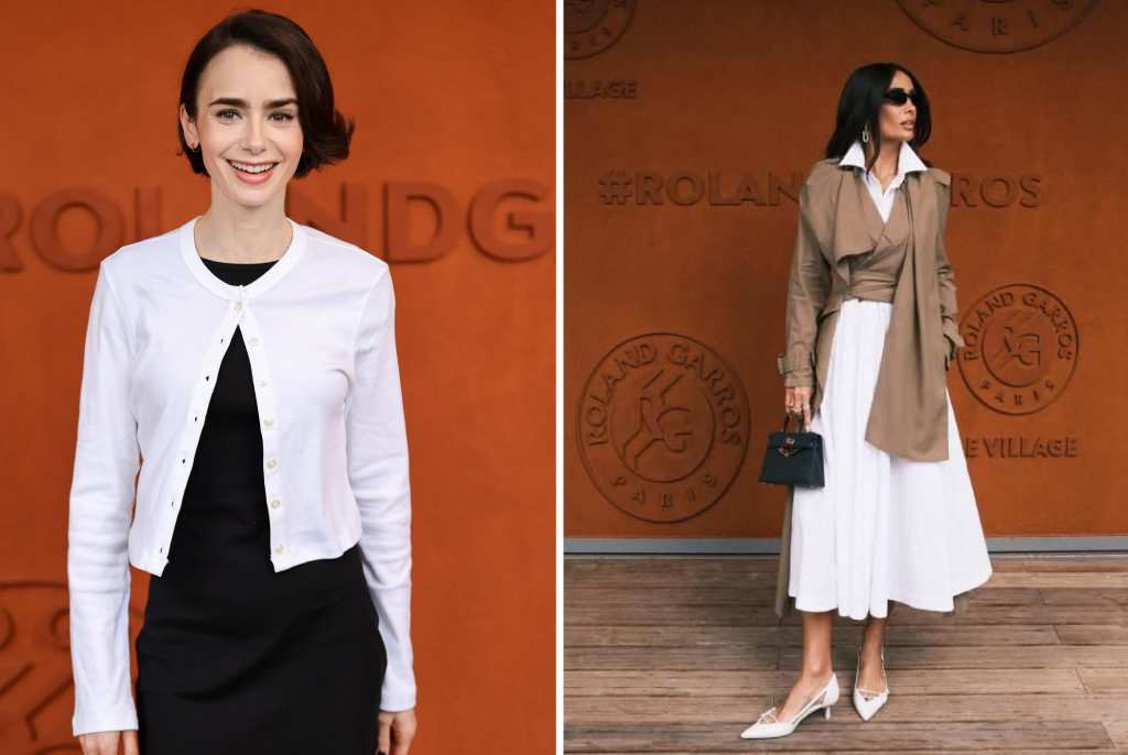 Influenciadora brasileira Silvia Braz e atriz Lily Collins com looks de moda luxo em Roland Garros 2026, usando peças de Burberry, Ferragamo e Saint Laurent durante o Grand Slam disputado em Paris.