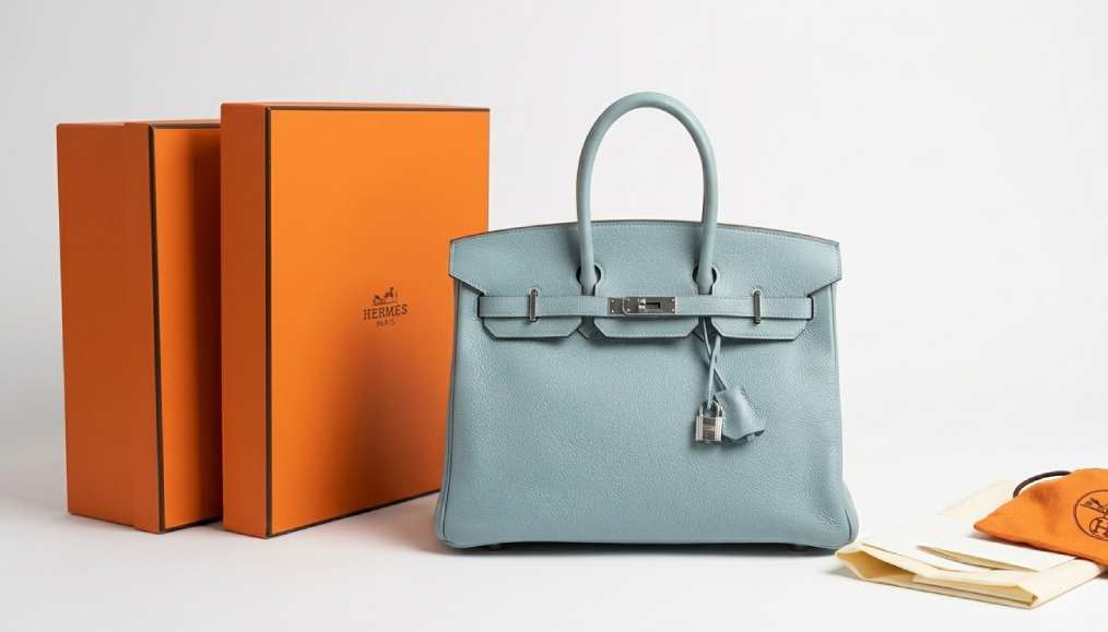 Bolsa Tote Hermès Birkin Togo Retourne Palladium Bleu Jean.
