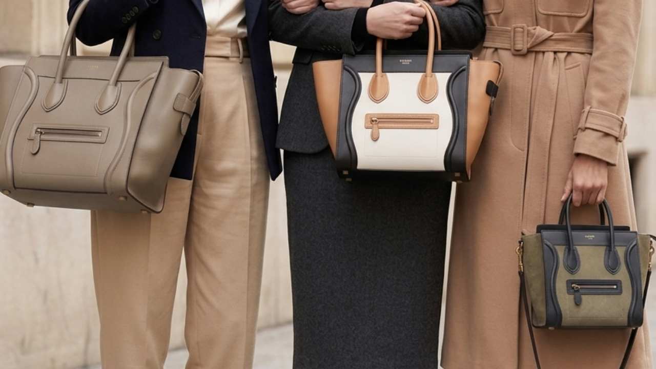 Comparativo de tamanhos da bolsa Celine Luggage com mulheres usando diferentes versões do modelo para mostrar proporção e capacidade.