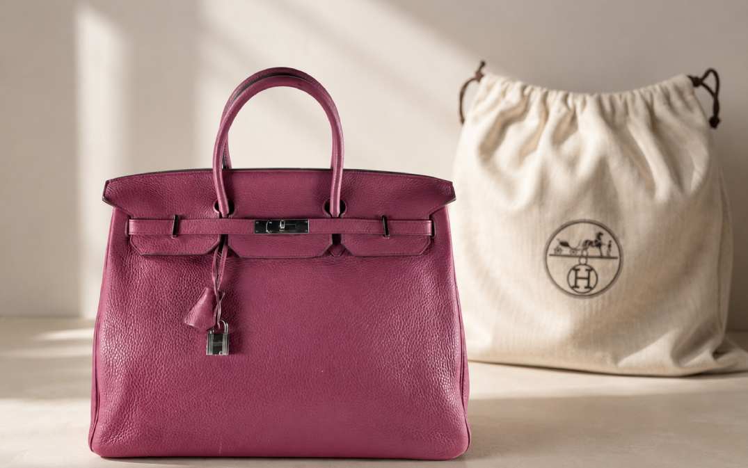 Bolsa Hermès Birkin Bois de Rose em couro Clemence rosa claro, com acabamento granulado e design clássico da Hermès, fotografada em estúdio com fundo branco.