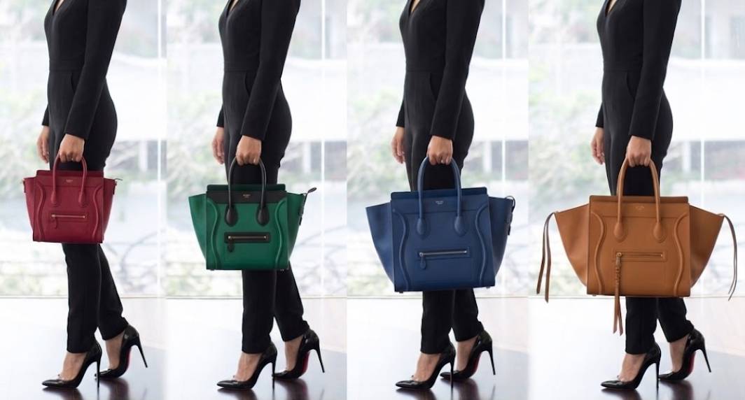 Foto de mulheres carregando bolsa celine luggage, cada uma de um tamanho, Nano, Micro, Mini e Phantom para a comparação.