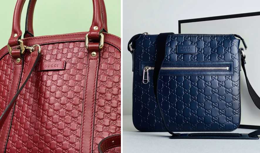 Foto do detalhe do couro microguccissima gravado em relevo em bolsas gucci original.