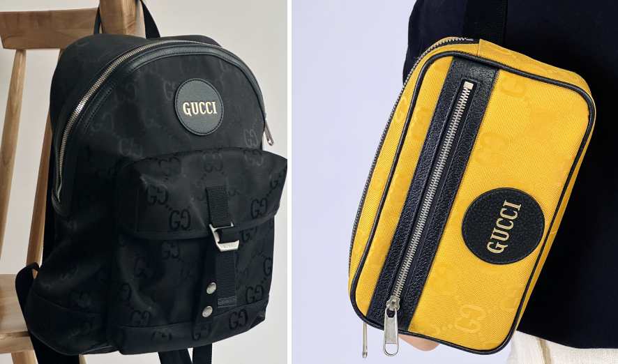Detalhes do nylon usado pela Gucci, um dos materiais mais sustentaveis e resistentes da marca de luxo.