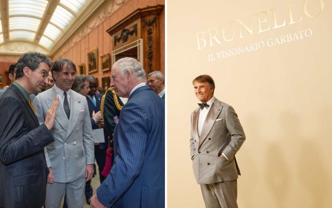 Rei Charles III e Brunello Cucinelli em evento oficial de reconhecimento à trajetória do empresário italiano.