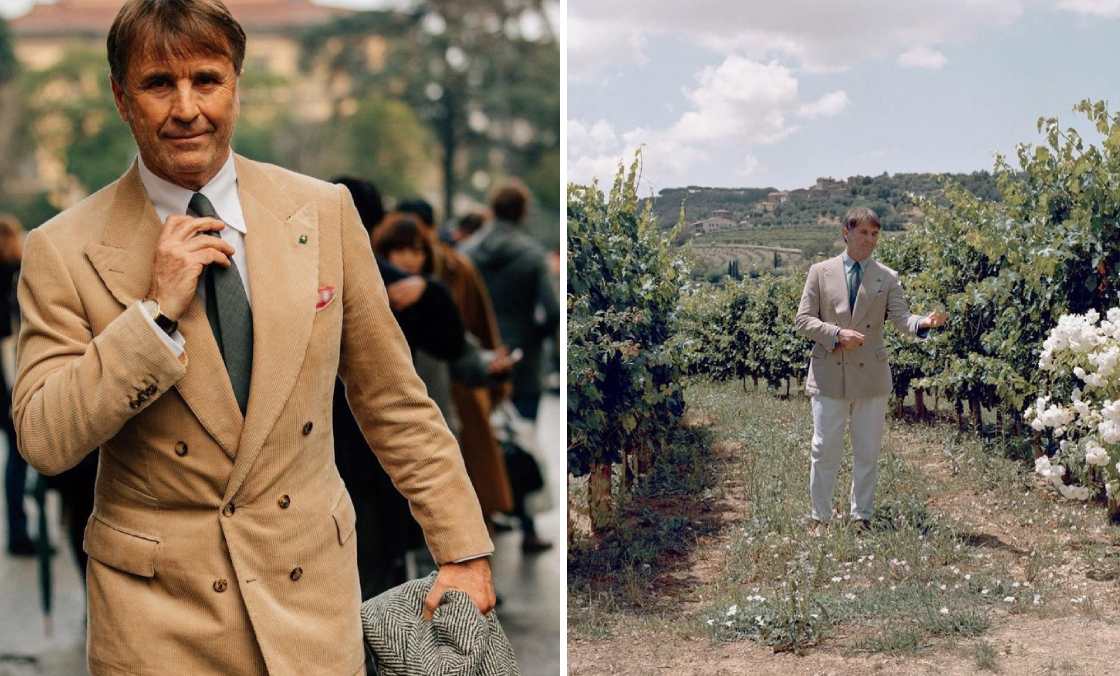 Brunello Cucinelli em um campo de algodão, associado à produção de matérias-primas naturais e ao luxo sustentável italiano.