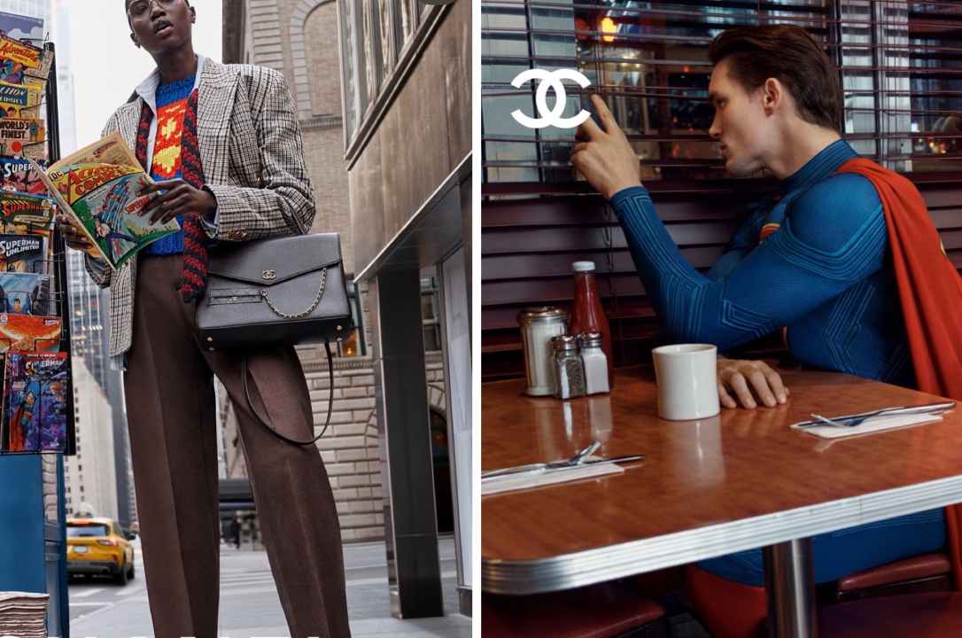 Campanha do suéter Superman da Chanel nas ruas de Nova York, com instalações publicitárias inspiradas no universo do Superman e referências ao icônico herói da DC, destacando o lançamento do tricô de luxo da Maison Chanel.