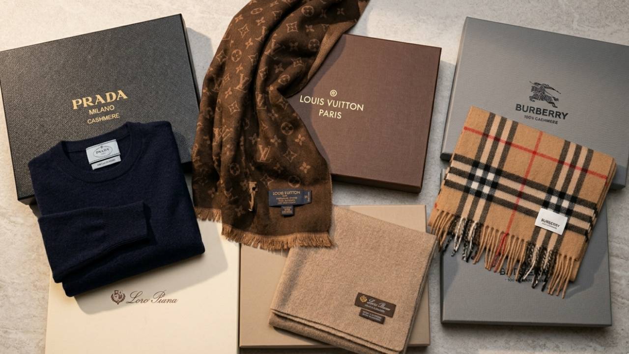 peças de cashmere de marcas de luxo Louis Vuitton, Burberry, Loro Piana e Prada.
