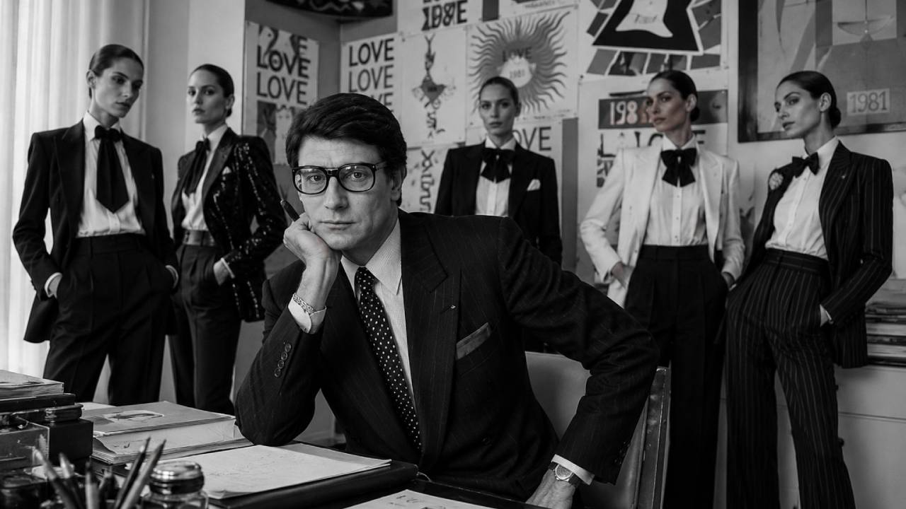 Yves saint laurent em seu atelier em Paris com modelos usando o Le Smoking feminino.
