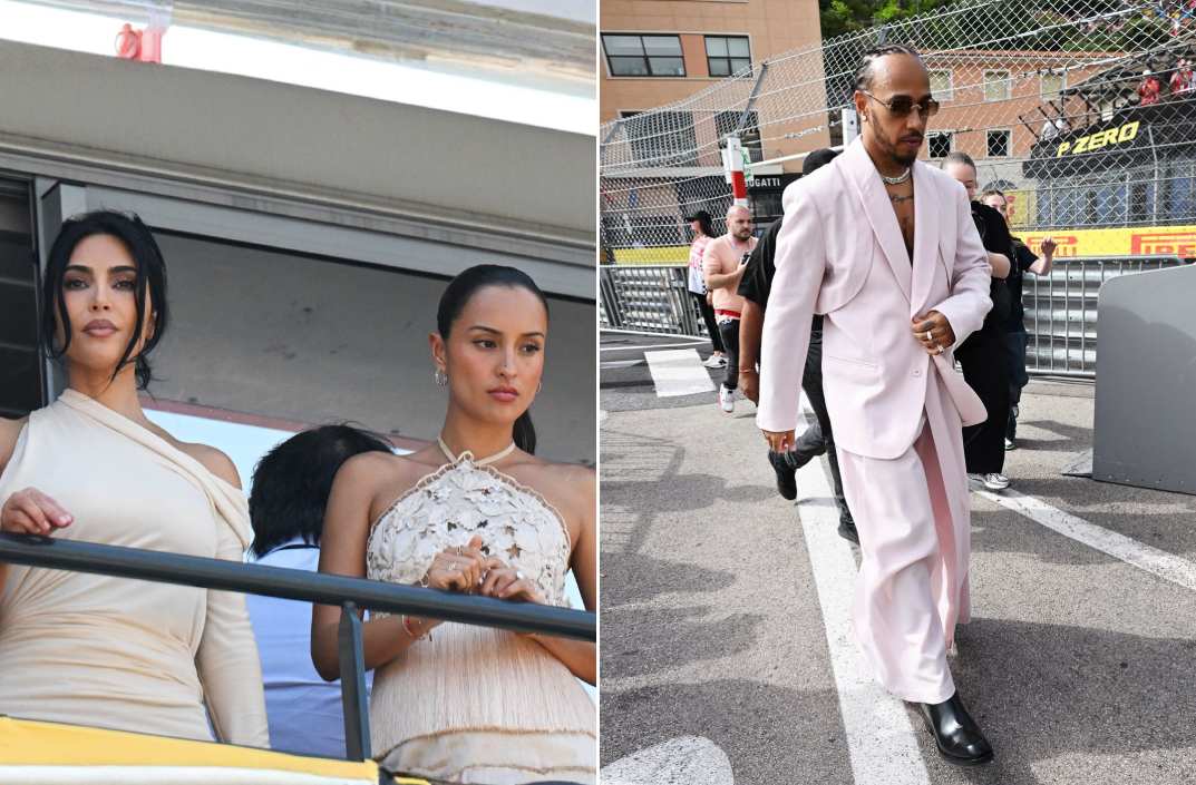 Kim Kardashian e Lewis Hamilton nas arquibancadas de Roland Garros 2026 em Paris, usando looks de luxo durante o tradicional torneio de tênis Grand Slam francês.
