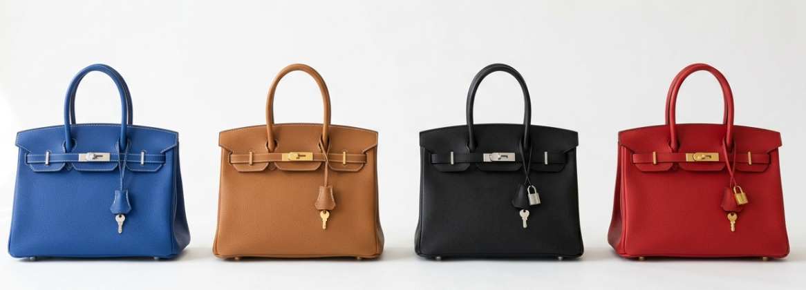 quatro bolsas Birkin Hermès enfileiradas em cores variadas sobre superfície branca