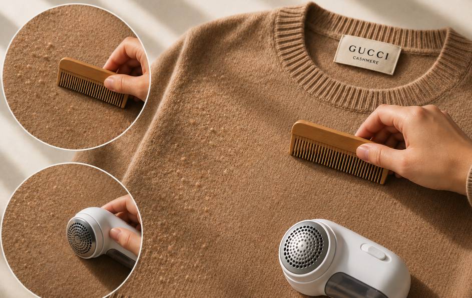 Foto mostrando como retirar bolinhas e pelos de casacos de cashmere de luxo.